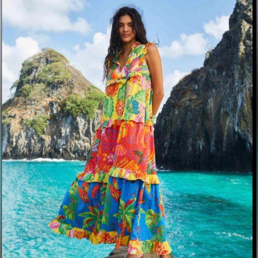 $240 FARM RIO Mixed Prints Tiered Tropical Print Maxi Dress in size Small!